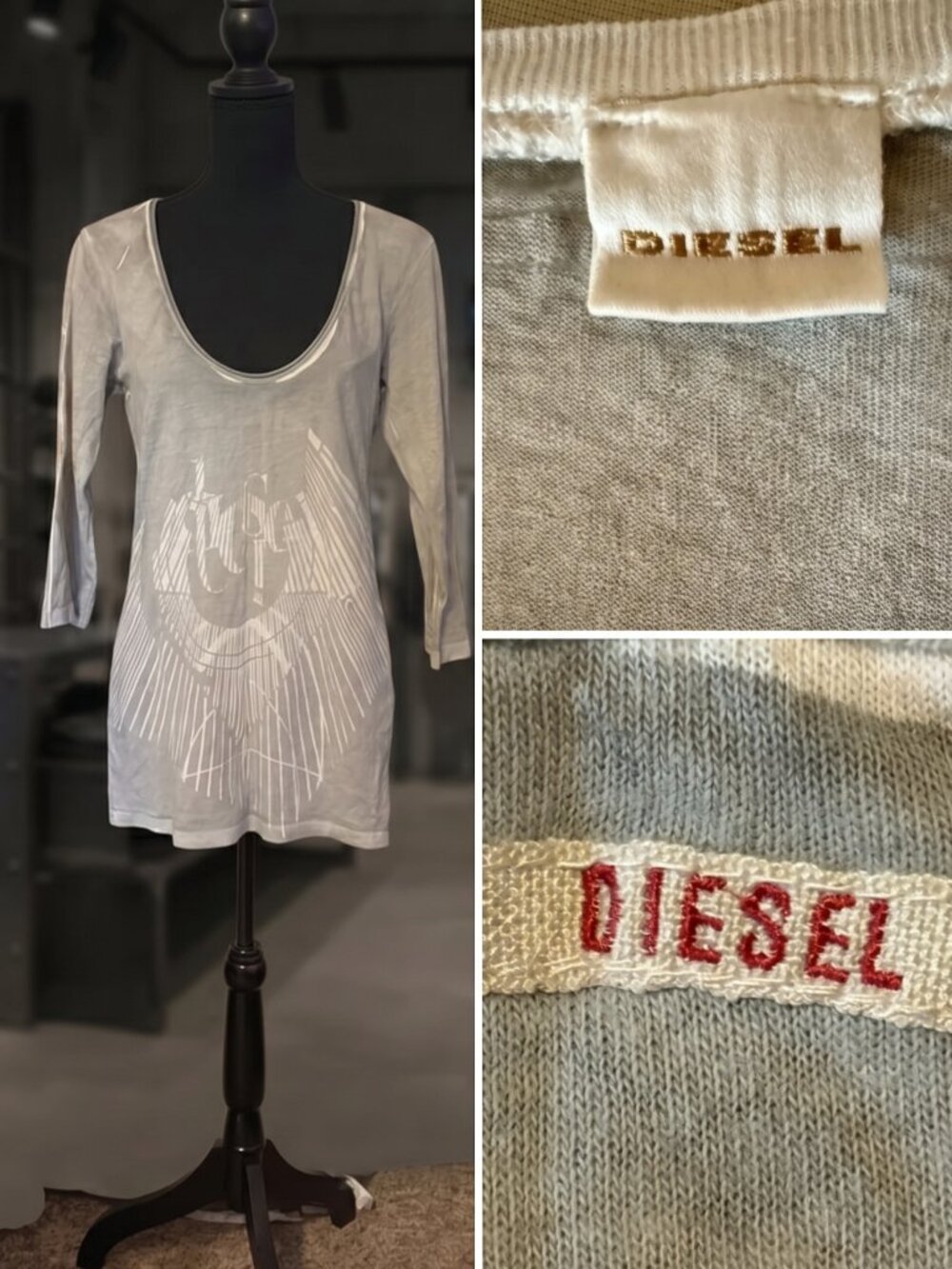 Vintage Diesel (XL) Graphic Scoop Neck 3/4 Long Sleeve Top